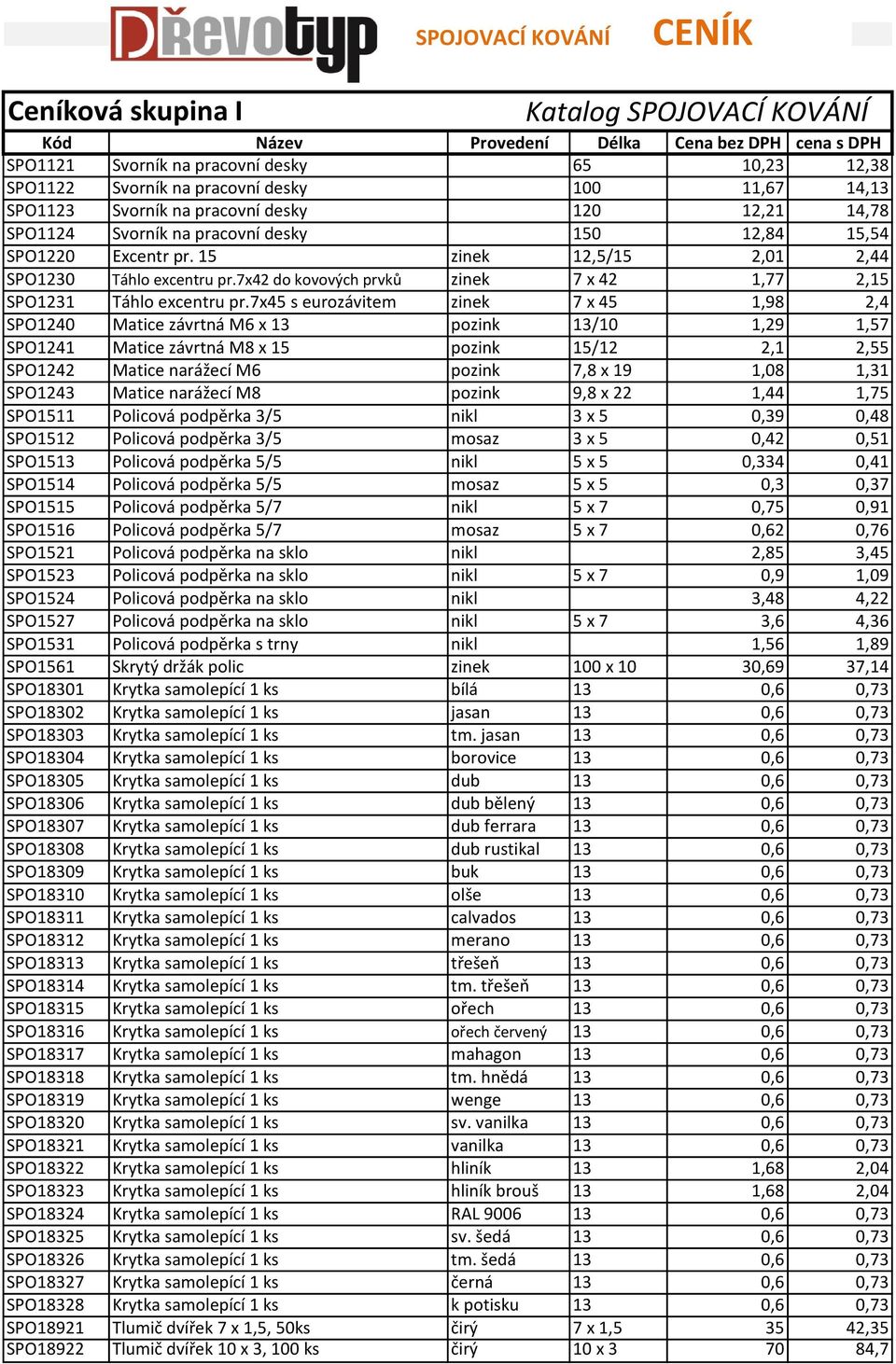 7x45 s eurozávitem zinek 7 x 45 1,98 2,4 SPO1240 Matice závrtná M6 x 13 pozink 13/10 1,29 1,57 SPO1241 Matice závrtná M8 x 15 pozink 15/12 2,1 2,55 SPO1242 Matice narážecí M6 pozink 7,8 x 19 1,08