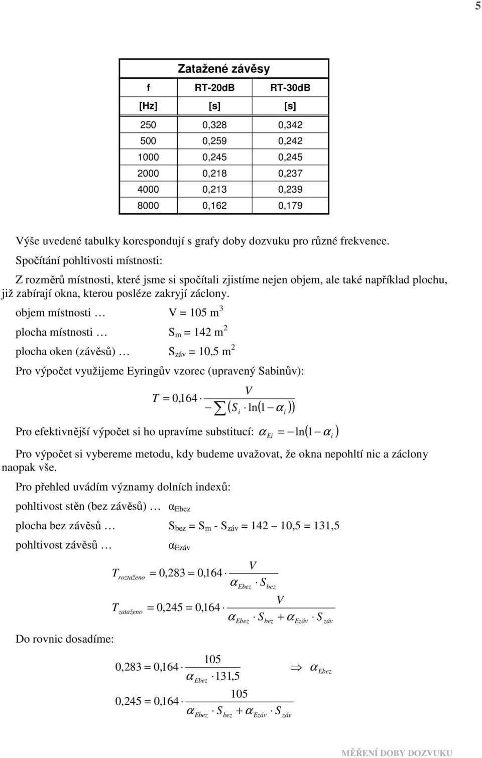 objem místnosti = 05 m 3 plocha místnosti S m = 42 m 2 plocha oken (závěsů) S záv = 0,5 m 2 Pro výpočet využijeme Eyringův vzorec (upravený Sabinův): = 0,64 ( ln( )) Pro efektivnější výpočet si ho