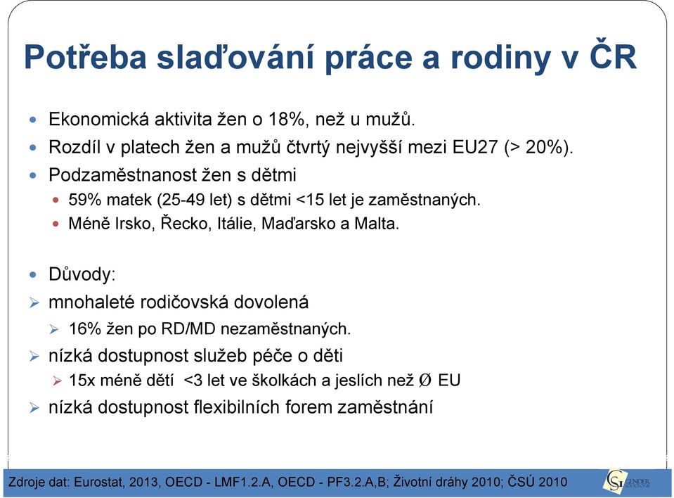 Důvody: mnohaleté rodičovská dovolená 16% žen po RD/MD nezaměstnaných.