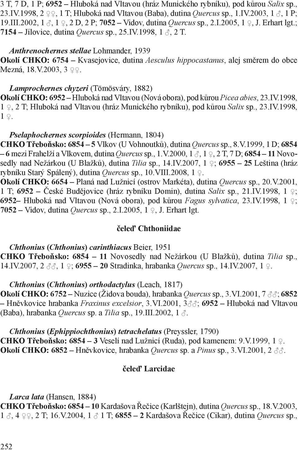 Anthrenochernes stellae Lohmander, 1939 Okolí CHKO: 6754 Kvasejovice, dutina Aesculus hippocastanus, alej směrem do obce Mezná, 18.V.2003, 3.