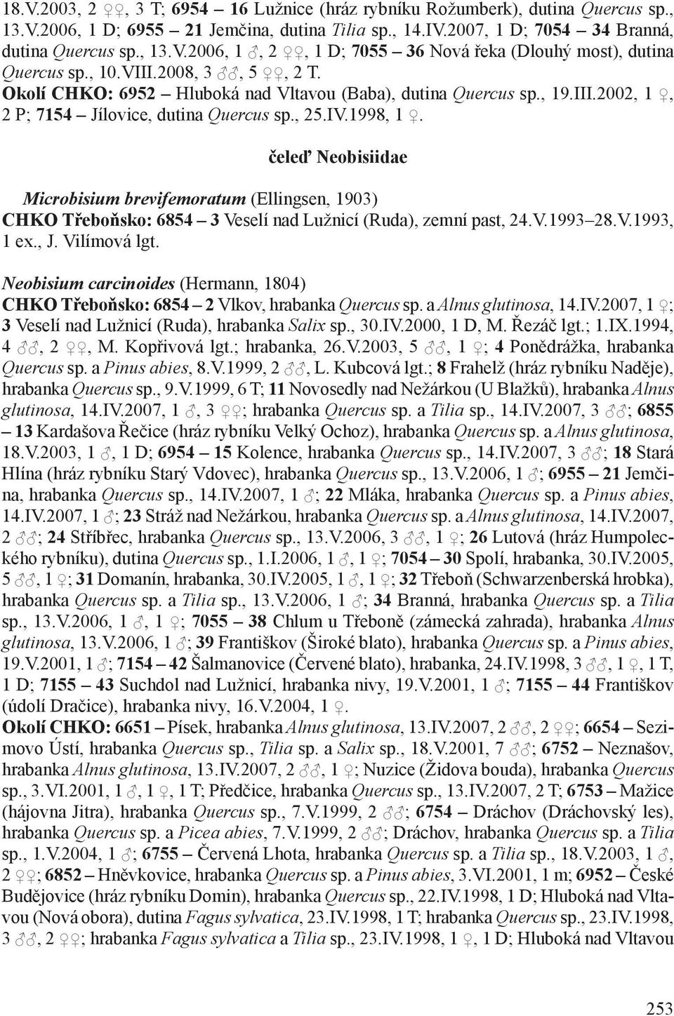 čeleď Neobisiidae Microbisium brevifemoratum (Ellingsen, 1903) CHKO Třeboňsko: 6854 3 Veselí nad Lužnicí (Ruda), zemní past, 24.V.1993 28.V.1993, 1 ex., J. Vilímová lgt.