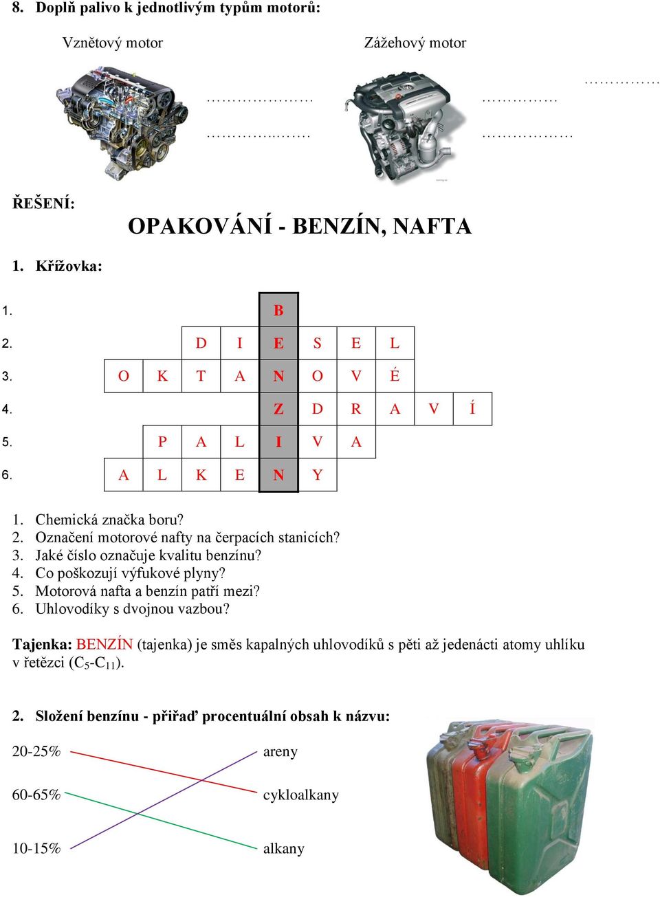 Jaké číslo označuje kvalitu benzínu? 4. Co poškozují výfukové plyny? 5. Motorová nafta a benzín patří mezi? 6. Uhlovodíky s dvojnou vazbou?