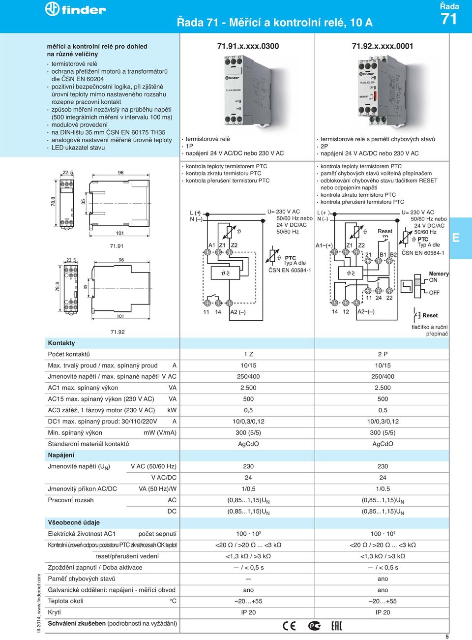ČSN N 60175 TH35 analogové nastavení měřené úrovně teploty LD ukazatel stavu.91.x.xxx.0300 termistorové relé 1P napájení 24 V AC/DC nebo 230 V AC.92.x.xxx.0001 termistorové relé s pamětí chybovyćh stavů 2P napájení 24 V AC/DC nebo 230 V AC.