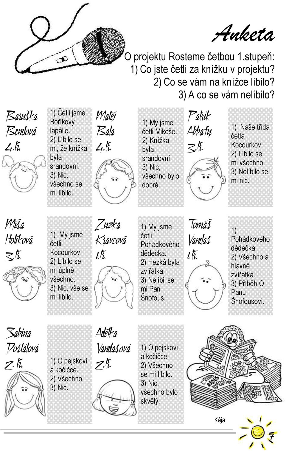 2) Líbilo se mi všechno. 3) Nelíbilo se mi nic. Míša Holíková 3.tř. 1) My jsme četli Kocourkov. 2) Líbilo se mi úplně všechno. 3) Nic, vše se mi líbilo. Zuzka Kravcová 1.tř. 1) My jsme četli Pohádkového dědečka.