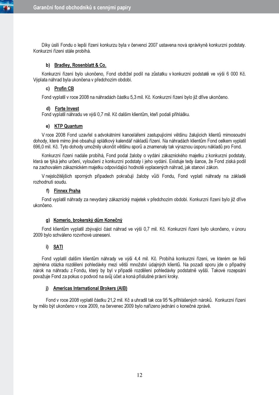 c) Profin CB Fond vyplatil v roce 2008 na náhradách částku 5,3 mil. Kč. Konkurzní řízení bylo již dříve ukončeno. d) Forte Invest Fond vyplatil náhradu ve výši 0,7 mil.