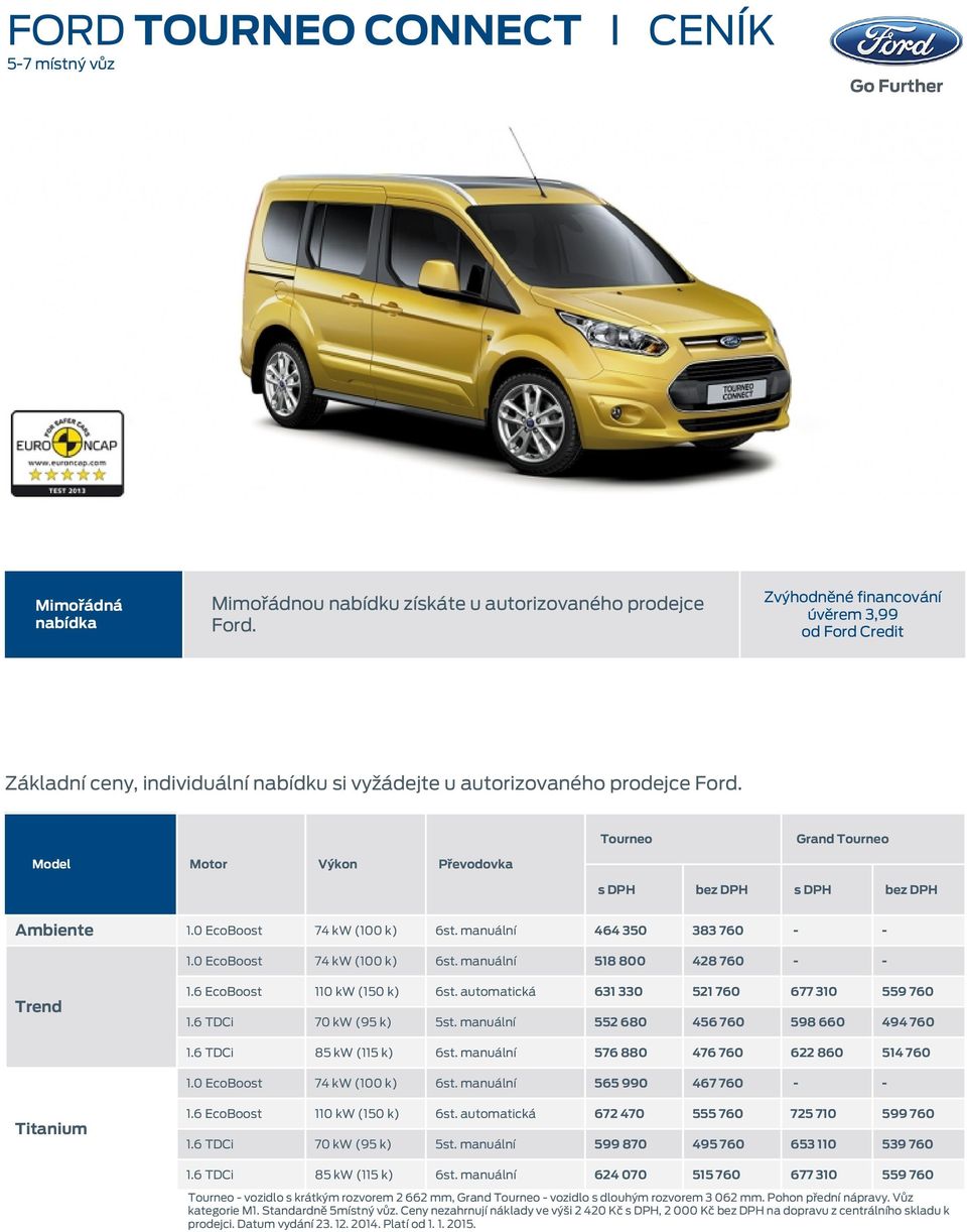 Model Motor Výkon Převodovka Tourneo Grand Tourneo s DPH bez DPH s DPH bez DPH Ambiente 1.0 EcoBoost 74 kw (100 k) 6st. manuální 464 350 383 760 - - 1.0 EcoBoost 74 kw (100 k) 6st. manuální 518 800 428 760 - - Trend 1.