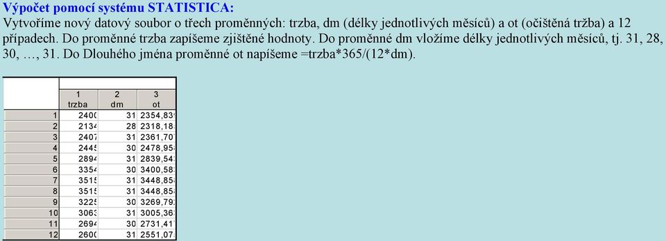 3, 8, 30,, 3. Do Dlouhého jméa proměé ot apíšeme =trzba*365/(*dm).