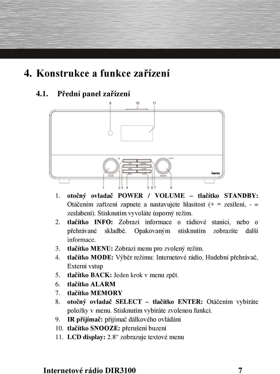 tlačítko MENU: Zobrazí menu pro zvolený režim. 4. tlačítko MODE: Výběr režimu: Internetové rádio, Hudební přehrávač, Externí vstup 5. tlačítko BACK: Jeden krok v menu zpět. 6. tlačítko ALARM 7.
