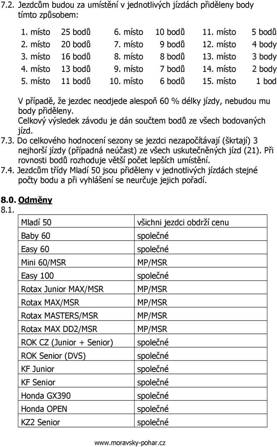 místo 1 bod V případě, že jezdec neodjede alespoň 60 % délky jízdy, nebudou mu body přiděleny. Celkový výsledek závodu je dán součtem bodů ze všech bodovaných jízd. 7.3.