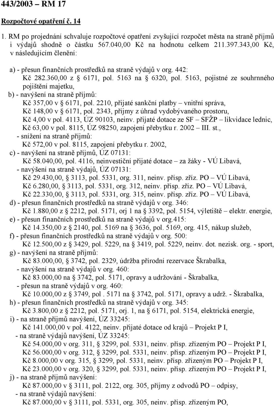 5163, pojistné ze souhrnného pojištění majetku, b) - navýšení na straně příjmů: Kč 357,00 v 6171, pol. 2210, přijaté sankční platby vnitřní správa, Kč 148,00 v 6171, pol.