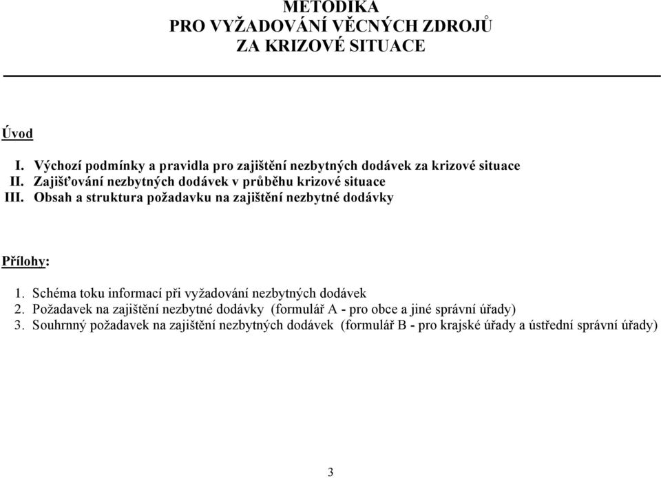 Zajišťování nezbytných dodávek v průběhu krizové situace III. Obsah a struktura požadavku na zajištění nezbytné dodávky Přílohy: 1.