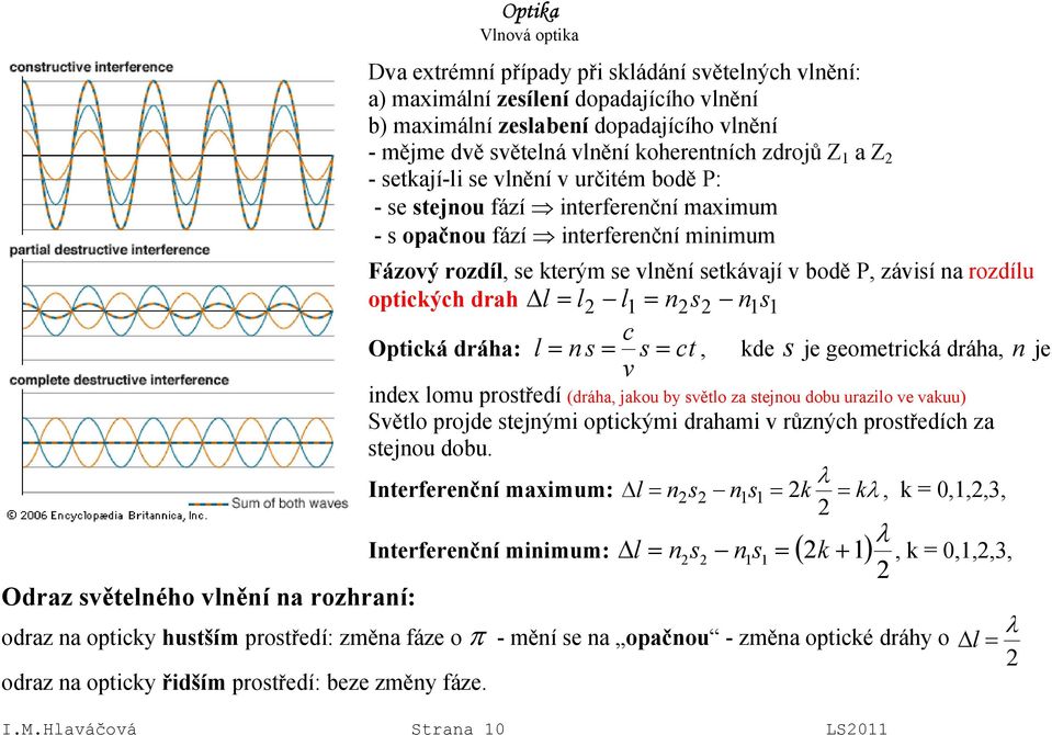 se vlnění setkávají v bodě P, závisí na rozdílu optických drah l = l l1 = ns n1s 1 c Optická dráha: l = n s = s = ct, kde s je geometrická dráha, n je v index lomu prostředí (dráha, jakou by světlo