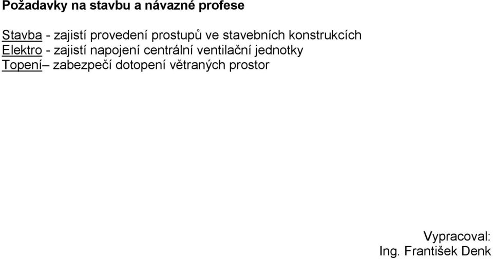 zajistí napojení centrální ventilační jednotky Topení