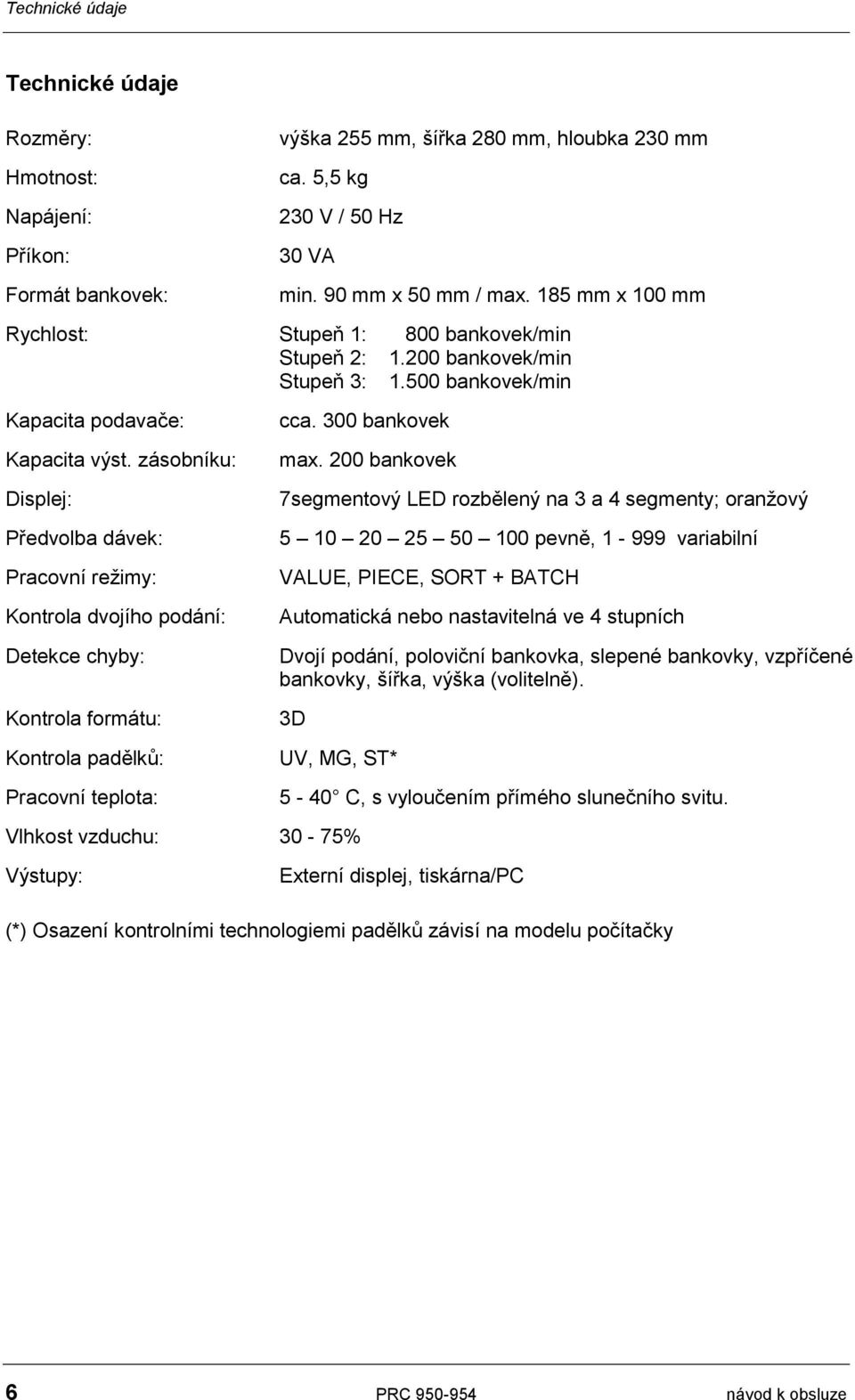 zásobníku: Displej: Předvolba dávek: Pracovní režimy: Kontrola dvojího podání: Detekce chyby: Kontrola formátu: Kontrola padělků: Pracovní teplota: max.