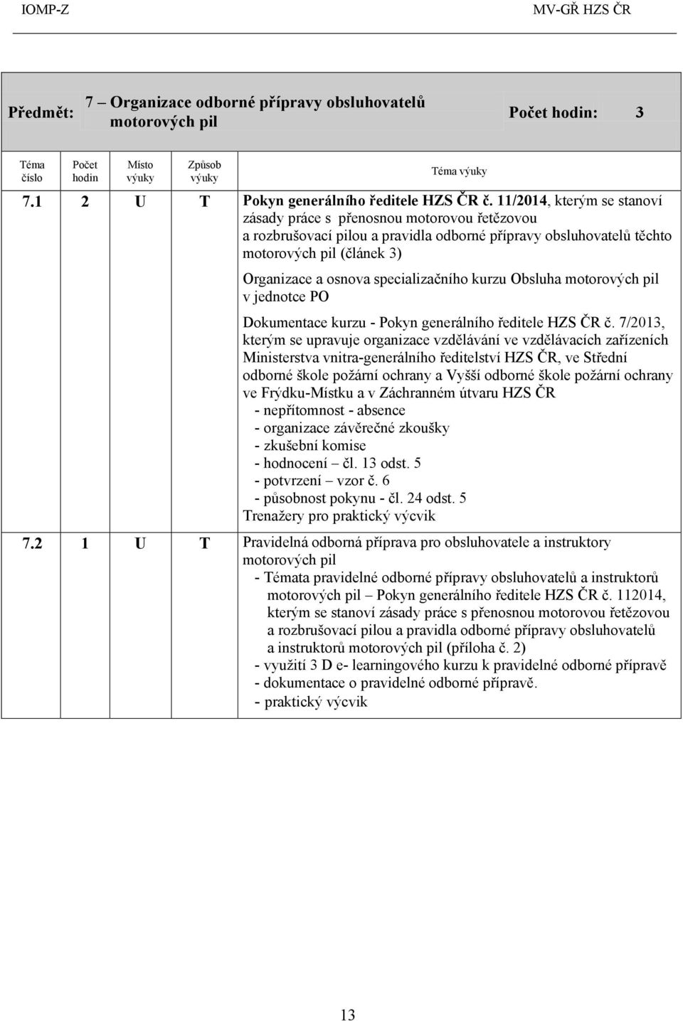 specializačního kurzu Obsluha motorových pil v jednotce PO Dokumentace kurzu - Pokyn generálního ředitele HZS ČR č.