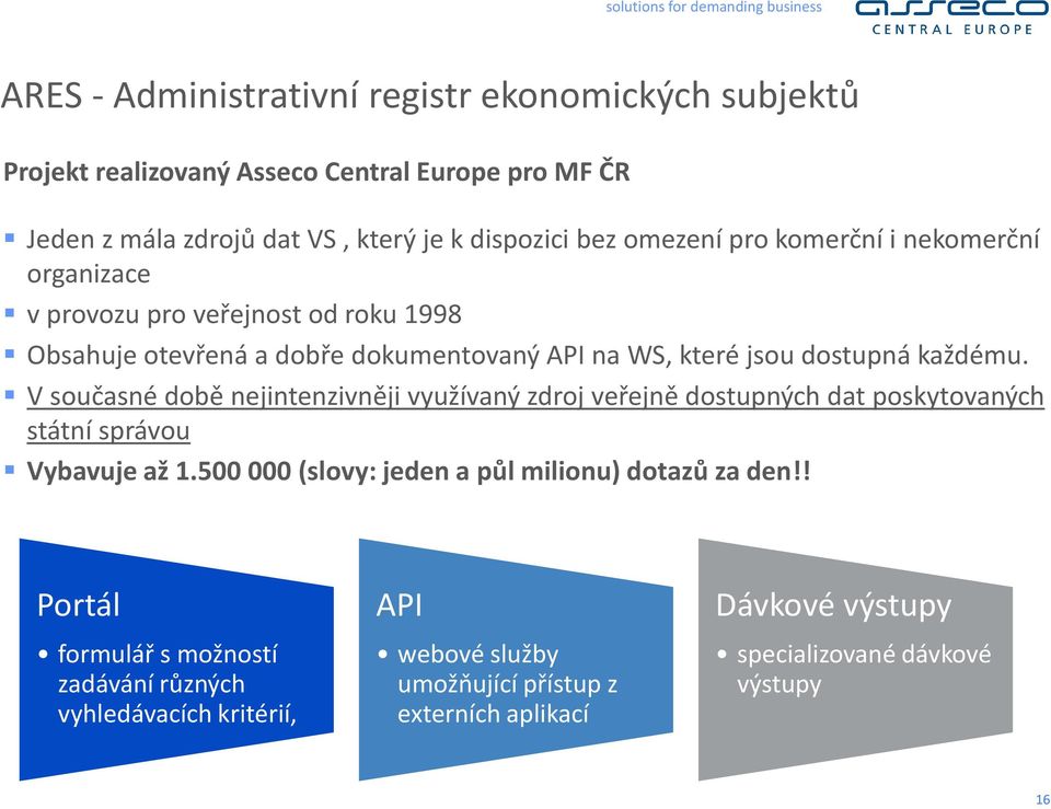 V současné době nejintenzivněji využívaný zdroj veřejně dostupných dat poskytovaných státní správou Vybavuje až 1.500 000 (slovy: jeden a půl milionu) dotazů za den!