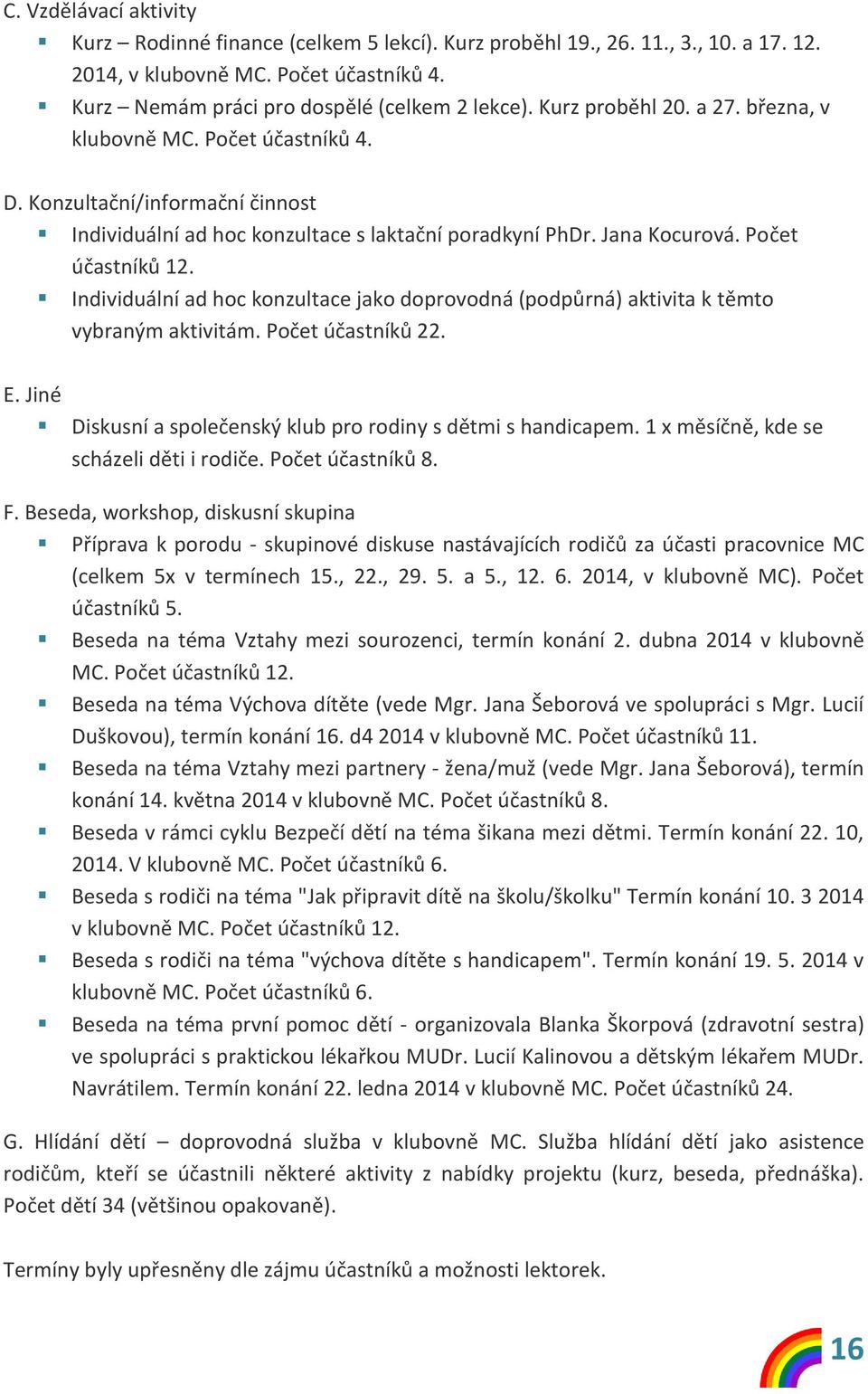 Individuální ad hoc konzultace jako doprovodná (podpůrná) aktivita k těmto vybraným aktivitám. Počet účastníků 22. E. Jiné Diskusní a společenský klub pro rodiny s dětmi s handicapem.