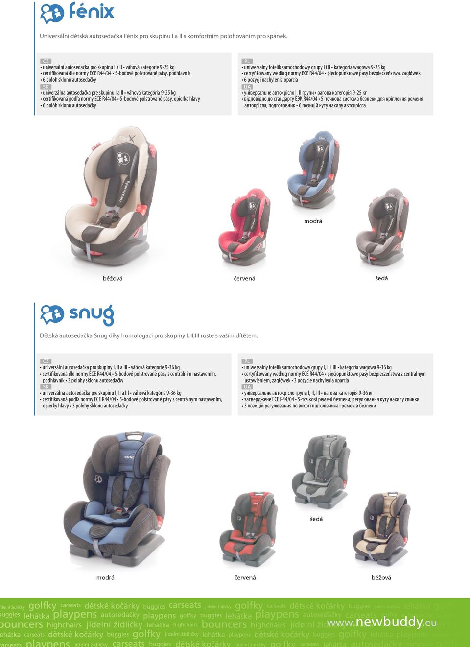 skupinu I a II váhová kategória 9-25 kg certifikovaná podľa normy ECE R44/04 5-bodové polstrované pásy, opierka hlavy 6 polôh sklonu autosedačky uniwersalny fotelik samochodowy grupy I i II kategoria