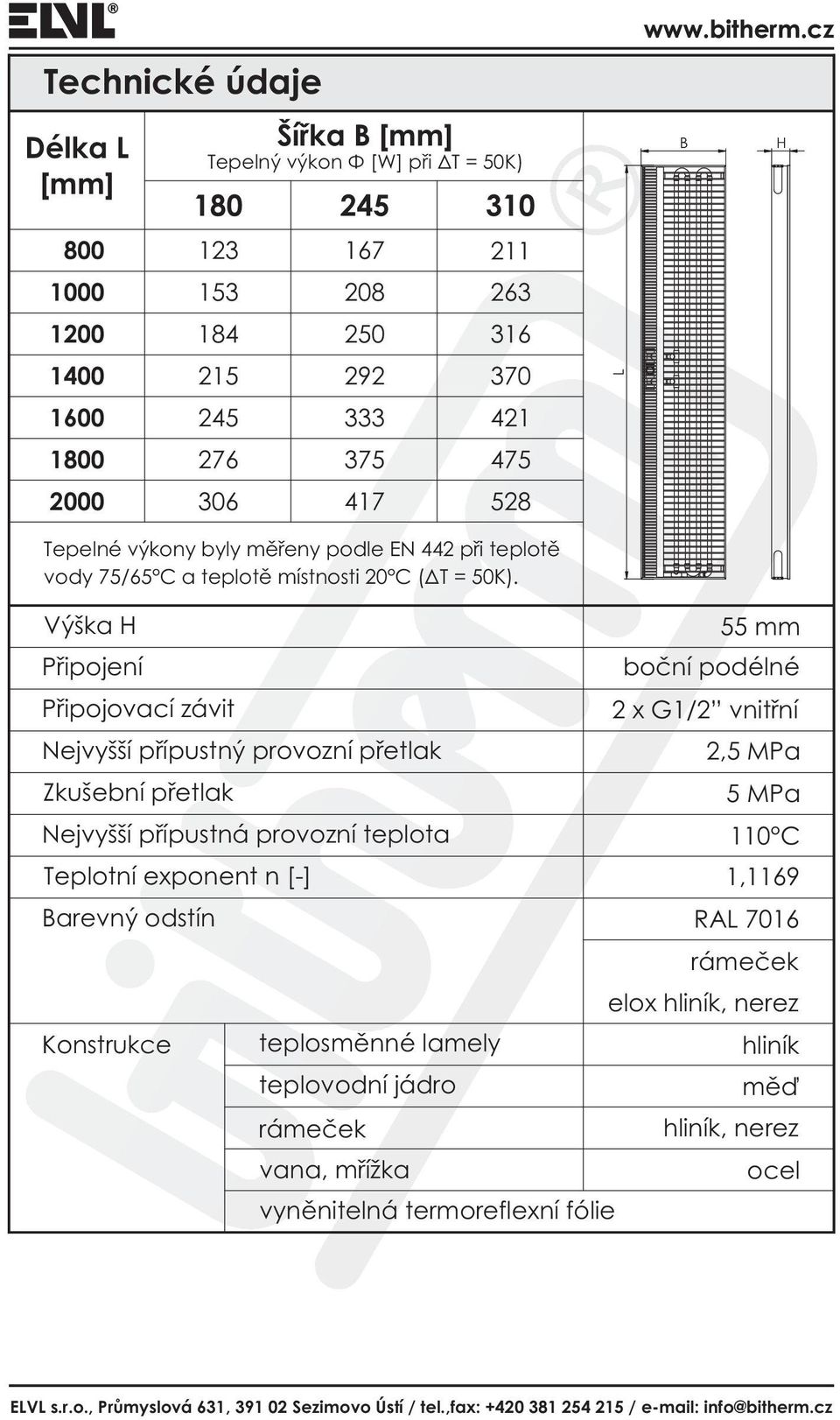 B H Výška H 55 mm Pøipojení boèní podélné Pøipojovací závit 2 x G1/2 vnitøní Nejvyšší pøípustný provozní pøetlak 2,5 MPa Zkušební pøetlak 5 MPa Nejvyšší pøípustná provozní