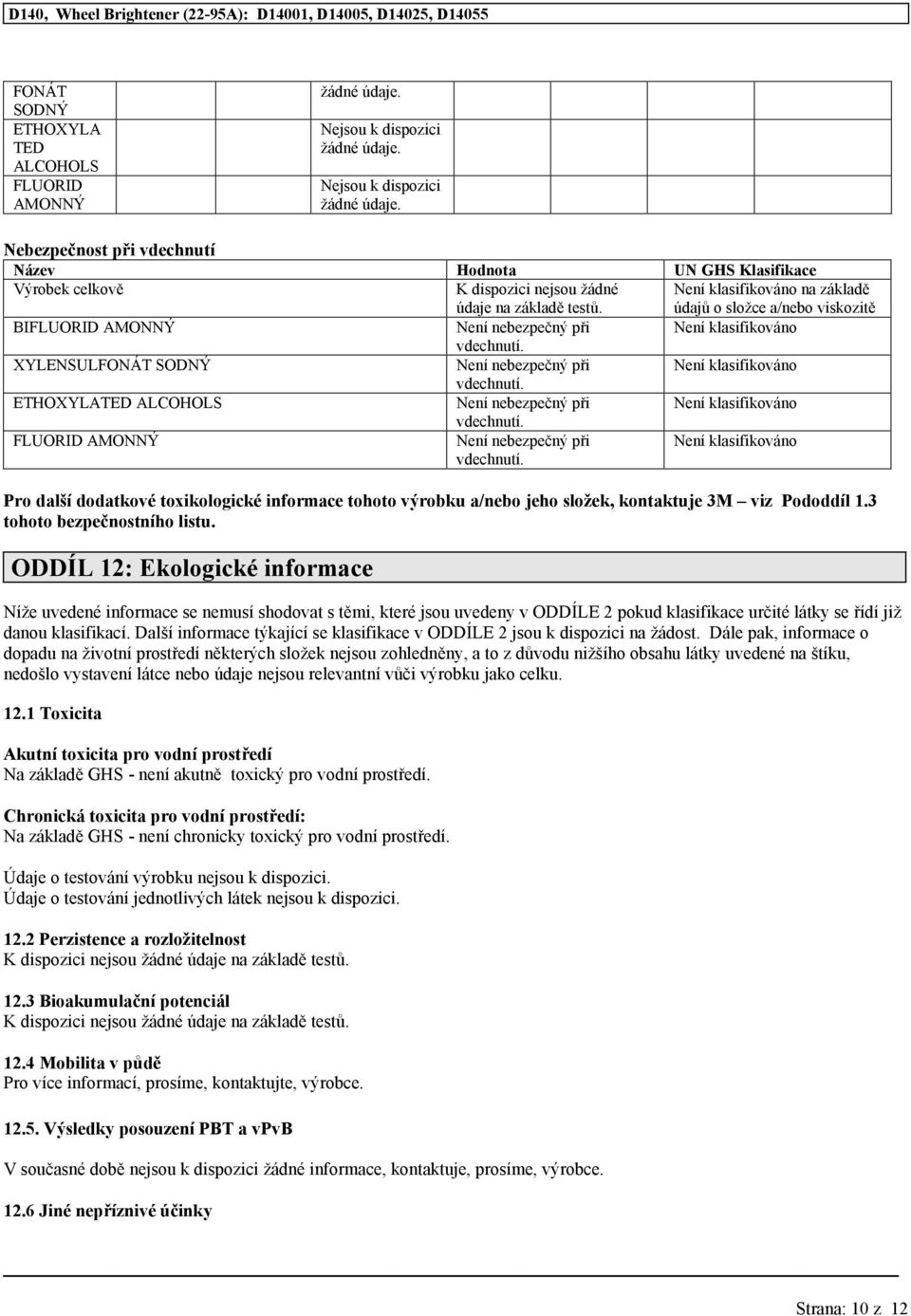 Není nebezpečný při vdechnutí. Není klasifikováno Pro další dodatkové toxikologické informace tohoto výrobku a/nebo jeho složek, kontaktuje 3M viz Pododdíl 1.3 tohoto bezpečnostního listu.