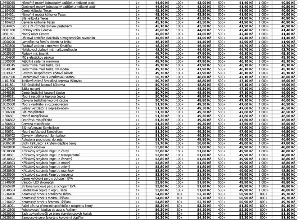 1 000+ 40,90 Kč 11104202 Bílá kšiltovka Texas 1+ 45,10 Kč 100+ 43,50 Kč 500+ 41,90 Kč 1 000+ 40,90 Kč 11104203 Červená kšiltovka Texas 1+ 45,10 Kč 100+ 43,50 Kč 500+ 41,90 Kč 1 000+ 40,90 Kč 19544405