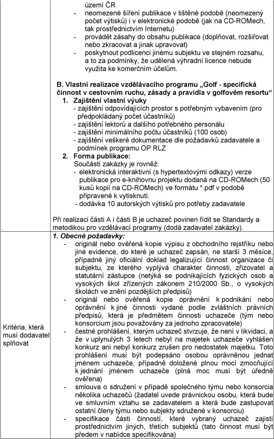 nebude využita ke komerčním účelům. B. Vlastní realizace vzdělávacího programu Golf - specifická činnost v cestovním ruchu, zásady a pravidla v golfovém resortu 1.