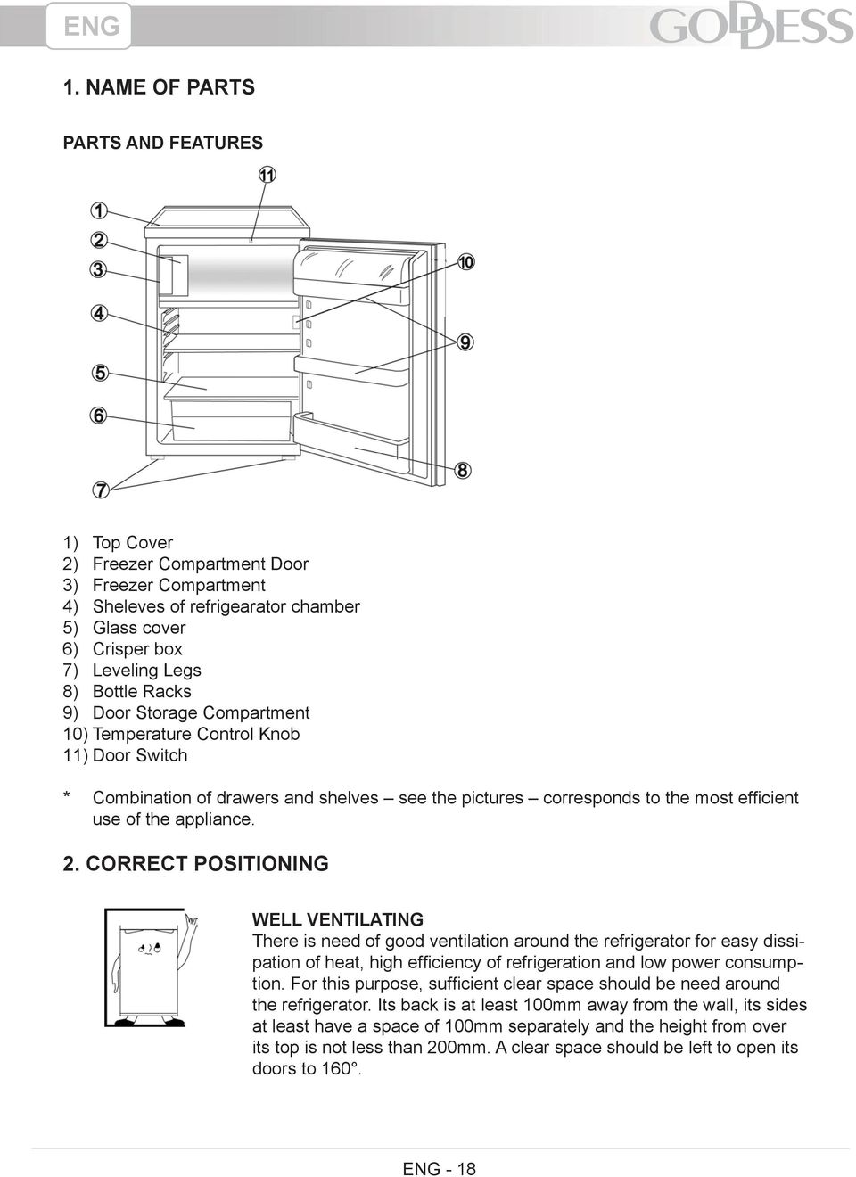 Compartment 10 Temperature Control Knob 11 Door Switch * Combination of drawers and shelves see the pictures corresponds to the most efficient use of the appliance. 2.