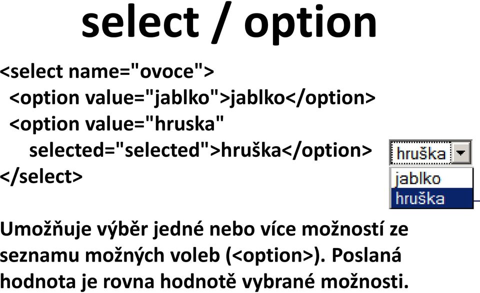selected="selected">hruška</option> </select> Umožňuje výběr jedné