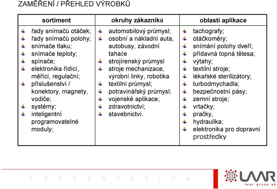 stroje mechanizace, výrobní linky, robotika textilní průmysl; potravinářský průmysl; vojenské aplikace; zdravotnictví; stavebnictví.