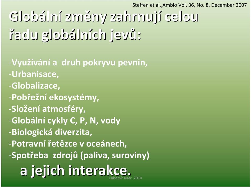 ekosystémy, -Složení atmosféry, -Globálnícykly C, P, N, vody -Biologická diverzita,
