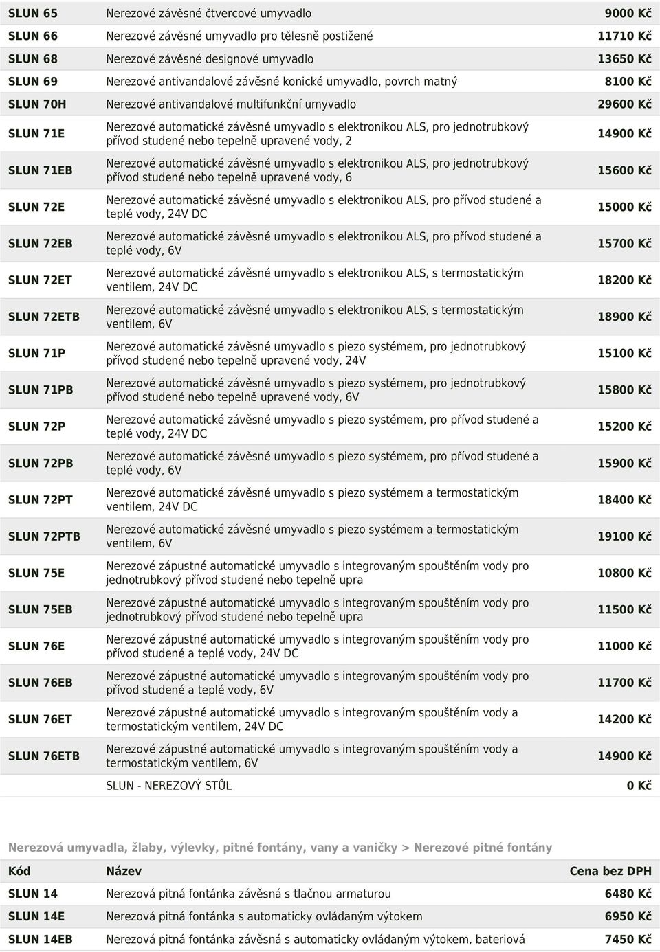 71PB SLUN 72P SLUN 72PB SLUN 72PT SLUN 72PTB SLUN 75E SLUN 75EB SLUN 76E SLUN 76EB SLUN 76ET SLUN 76ETB Nerezové automatické závěsné umyvadlo s elektronikou ALS, pro jednotrubkový přívod studené nebo