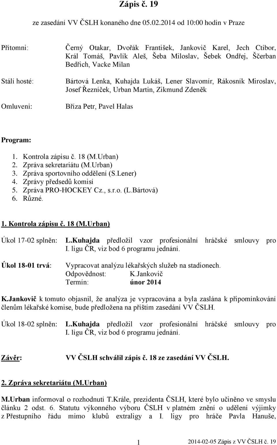 Milan Bártová Lenka, Kuhajda Lukáš, Lener Slavomír, Rákosník Miroslav, Josef Řezníček, Urban Martin, Zikmund Zdeněk Bříza Petr, Pavel Halas Program: 1. Kontrola zápisu č. 18 (M.Urban) 2.