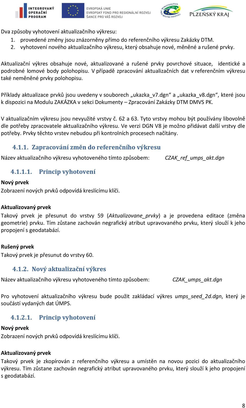 Aktualizační výkres obsahuje nové, aktualizované a rušené prvky povrchové situace, identické a podrobné lomové body polohopisu.