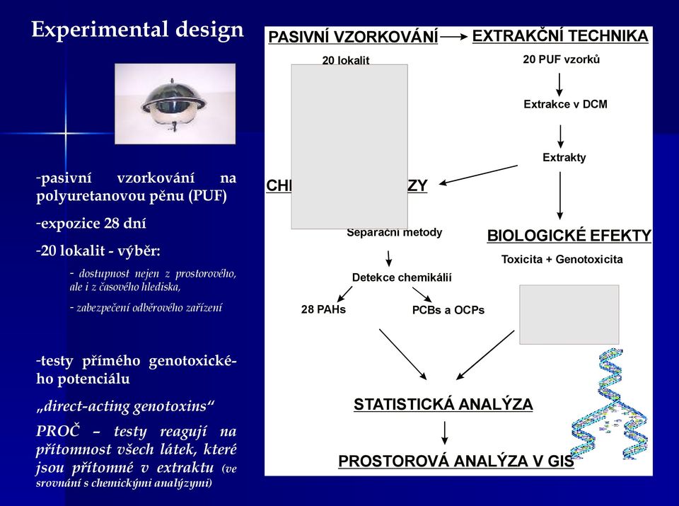 hlediska, - zabezpečení odběrového zařízení BIOLOGICKÉ EFEKTY Detekce chemikálií 28 PAHs PCBs a OCPs -testy přímého genotoxického potenciálu direct-acting