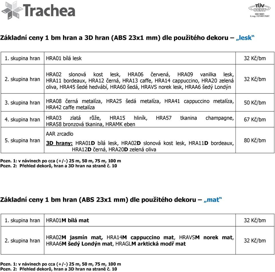 lesk, HRAA6 šedý Londýn 32 Kč/bm 3. skupina hran HRA08 černá metalíza, HRA25 šedá metalíza, HRA41 cappuccino metalíza, HRA42 caffe metalíza 4.