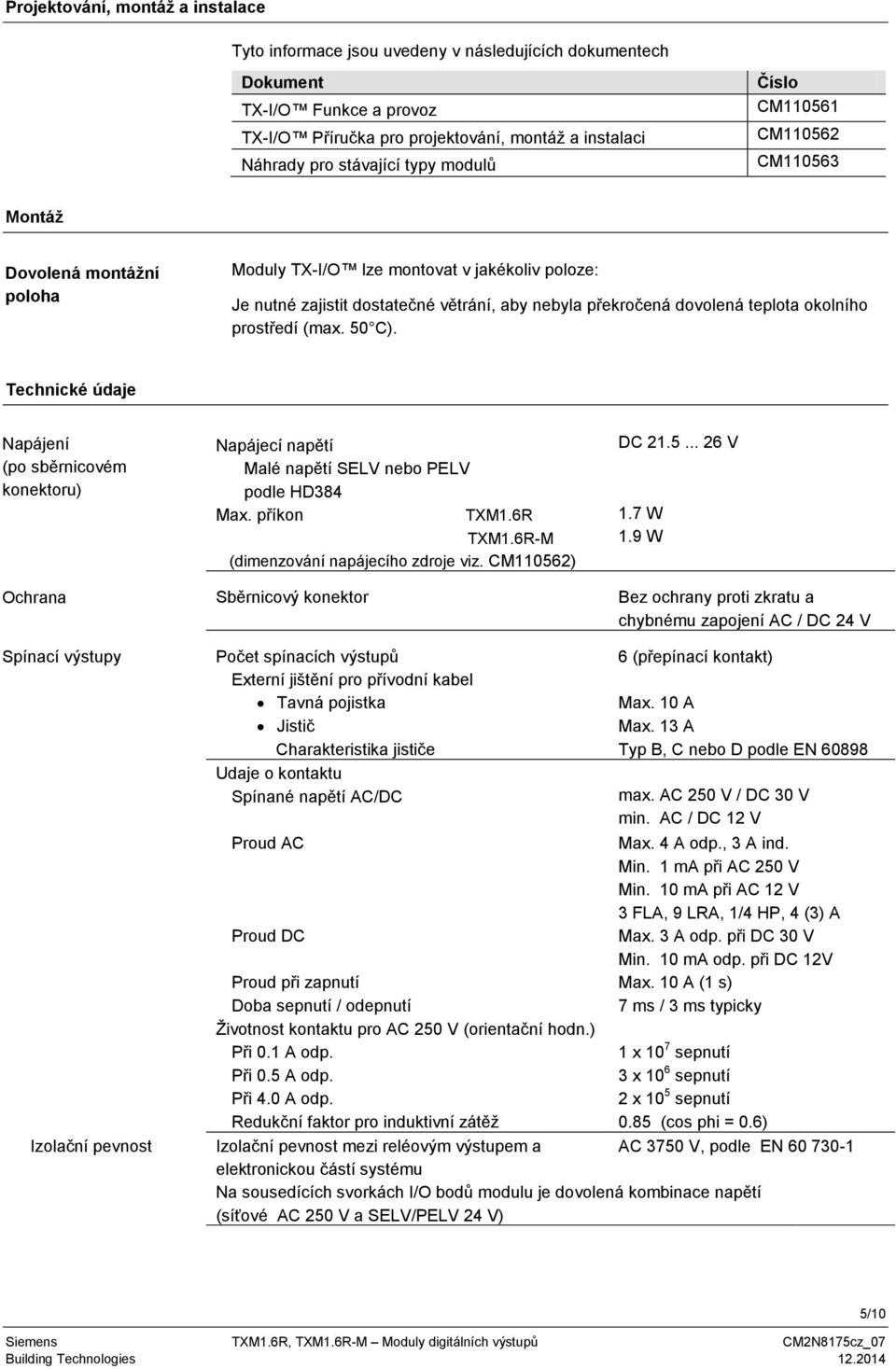 okolního prostředí (max. 50 C). Technické údaje Napájení (po sběrnicovém konektoru) Napájecí napětí DC 21.5... 26 V Malé napětí SELV nebo PELV podle HD84 Max. příkon TXM1.6R 1.7 W TXM1.
