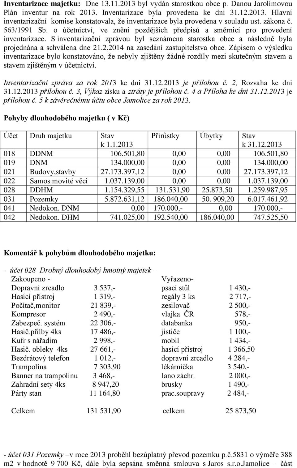 S inventarizační zprávou byl seznámena starostka obce a následně byla projednána a schválena dne 21.2.2014 na zasedání zastupitelstva obce.