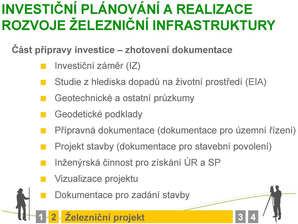 Geodetické podklady Přípravná dokumentace (dokumentace pro územní řízení) Projekt stavby (dokumentace pro stavební