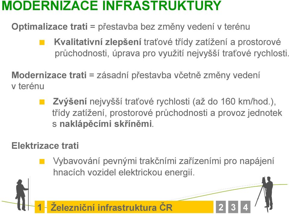 Modernizace trati = zásadní přestavba včetně změny vedení v terénu Zvýšení nejvyšší traťové rychlosti (aţ do 160 km/hod.