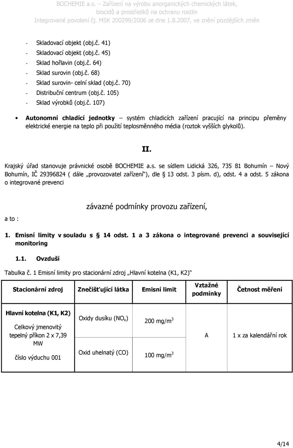 Krajský úřad stanovuje právnické osobě BOCHEMIE a.s. se sídlem Lidická 326, 735 81 Bohumín Nový Bohumín, IČ 29396824 ( dále provozovatel zařízení ), dle 13 odst. 3 písm. d), odst. 4 a odst.