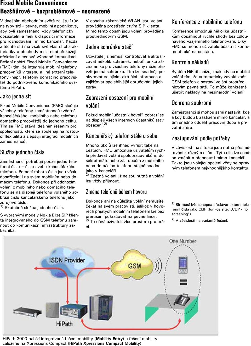 Řešení nabízí Fixed Mobile Convenience (FMC) tím, že integruje mobilní telefony pracovníků v terénu a jiné externí telefony (např.