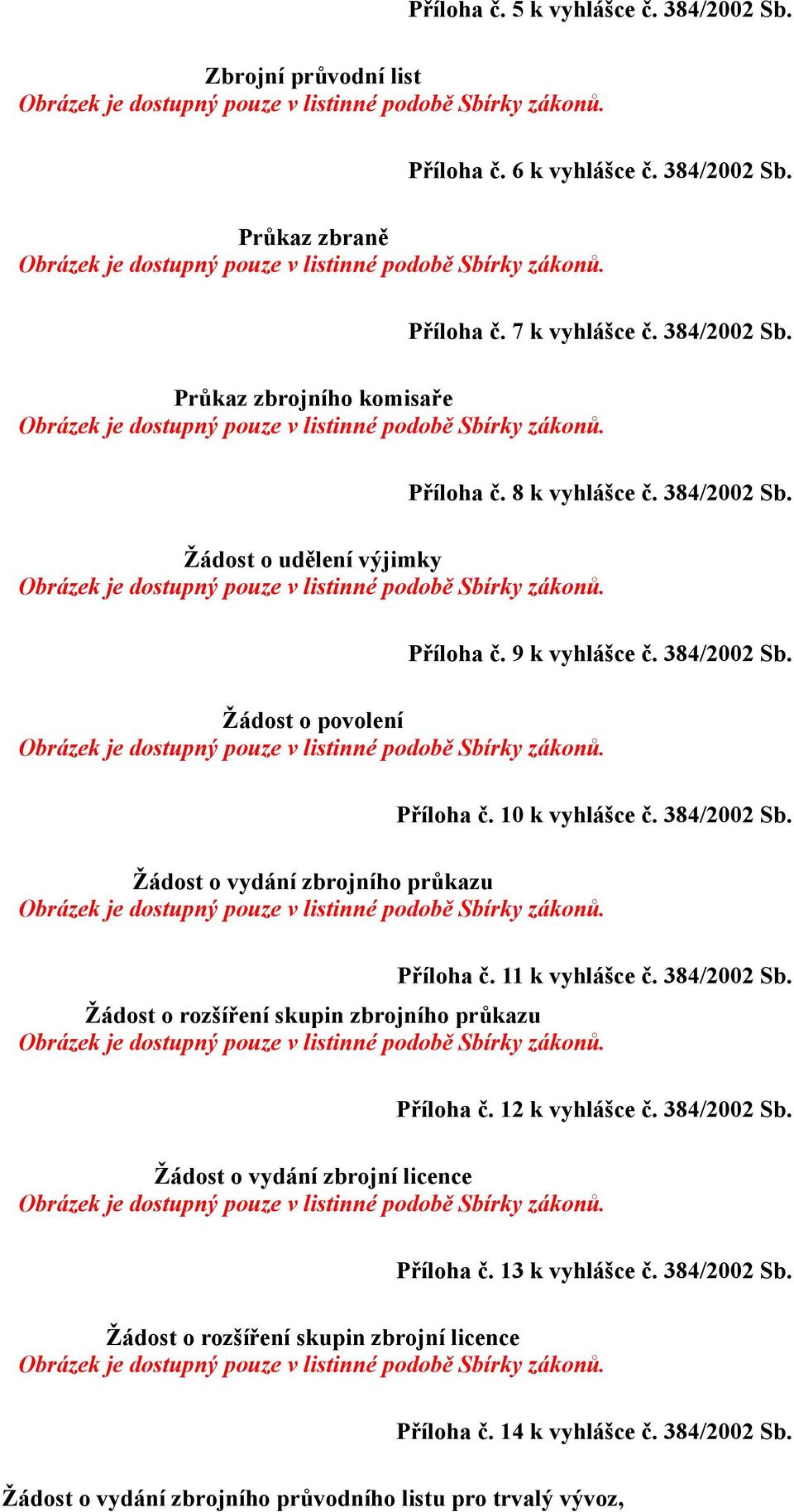 11 k vyhlášce č. 384/2002 Sb. Žádost o rozšíření skupin zbrojního průkazu Příloha č. 12 k vyhlášce č. 384/2002 Sb. Žádost o vydání zbrojní licence Příloha č. 13 k vyhlášce č.