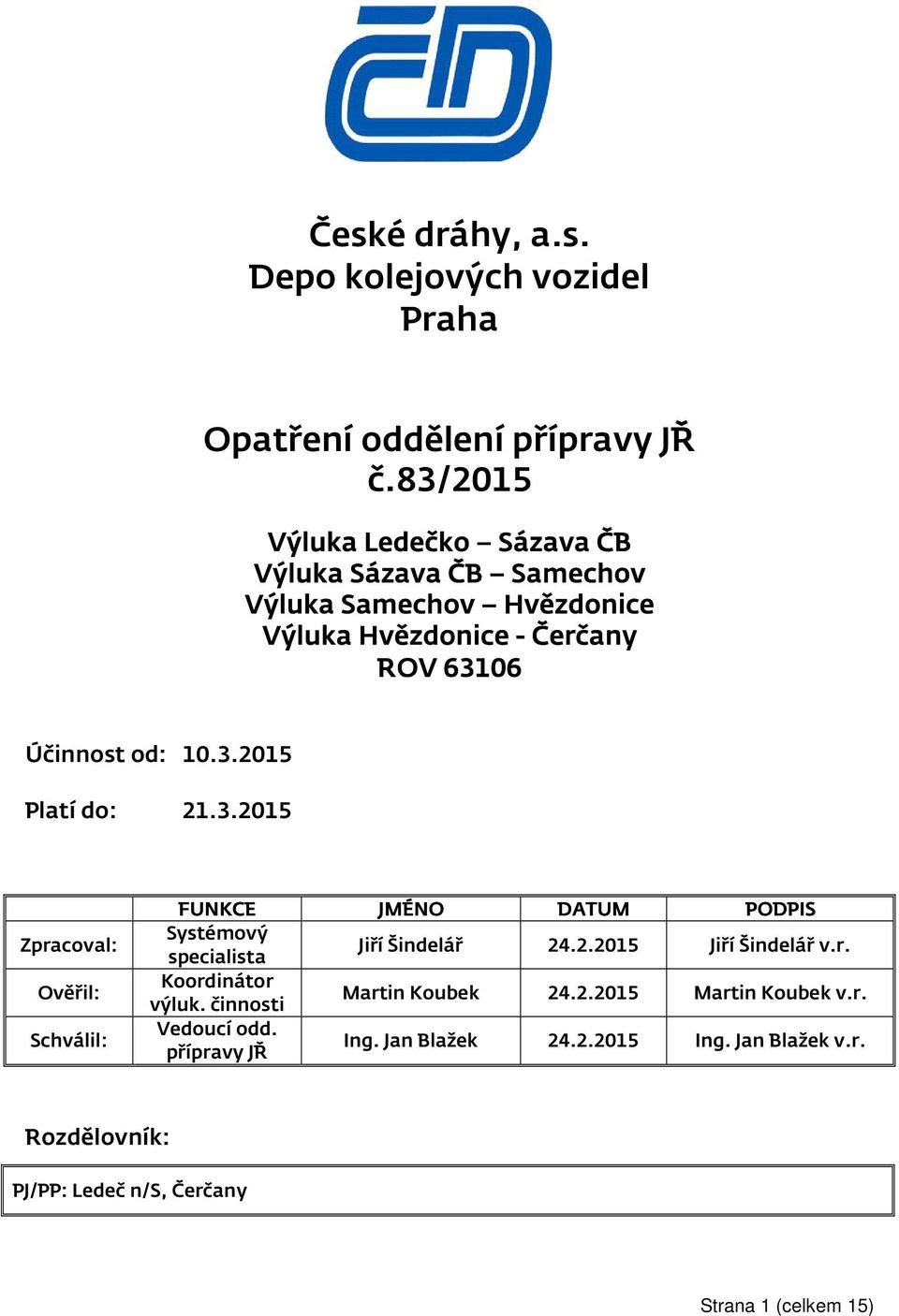 Účinnost od: 10.3. 2015 Platí do: 21.3.2015 Zpracoval: Ověřil: Schválil: FUNKCE JMÉNO DATUM PODPIS Systémový specialista Jiří Šindelář 24.