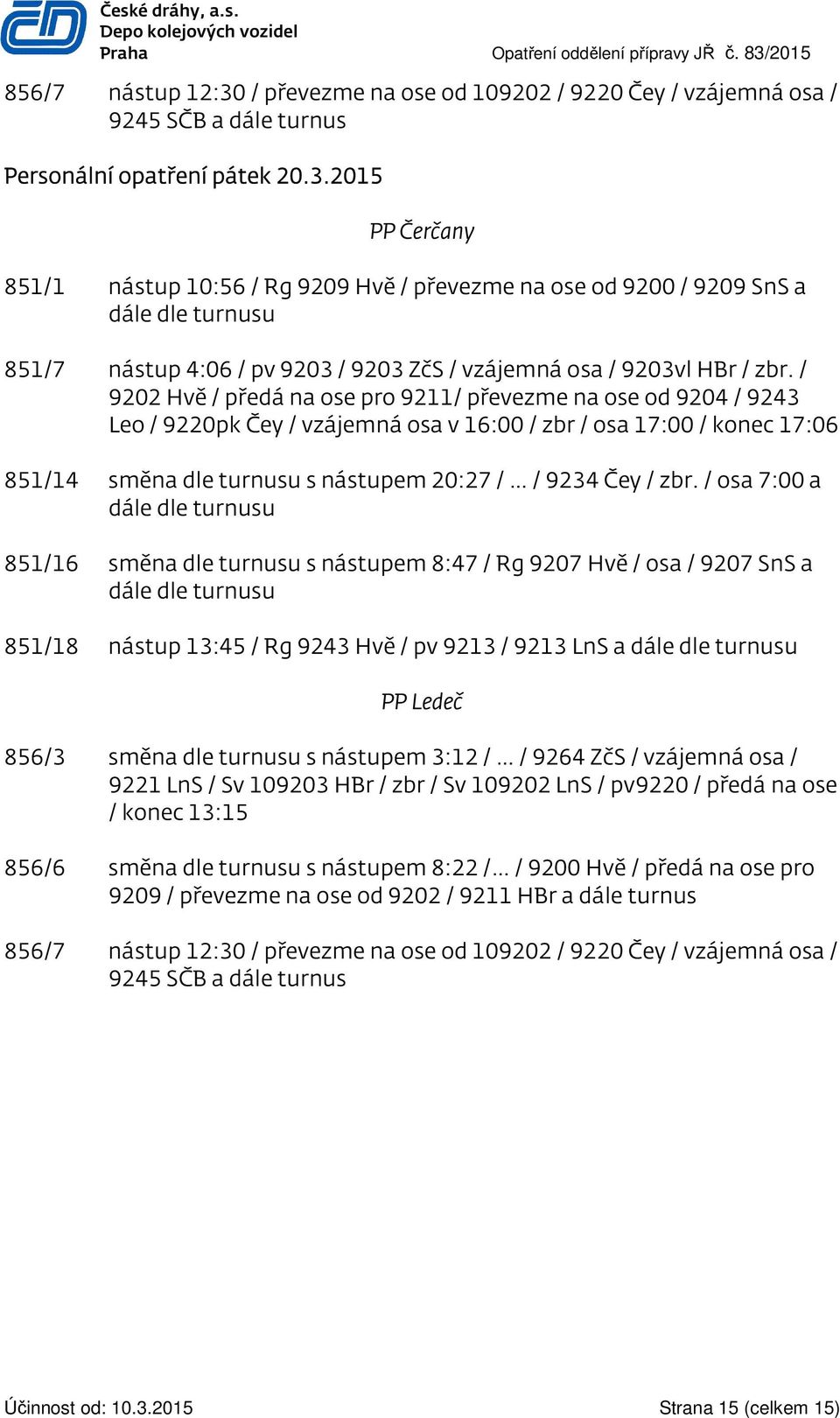 / převezme na ose od 109202 / 9220 Čey / vzájemná osa / 9245 SČB a dále turnus Personální opatření pátek 20.3.