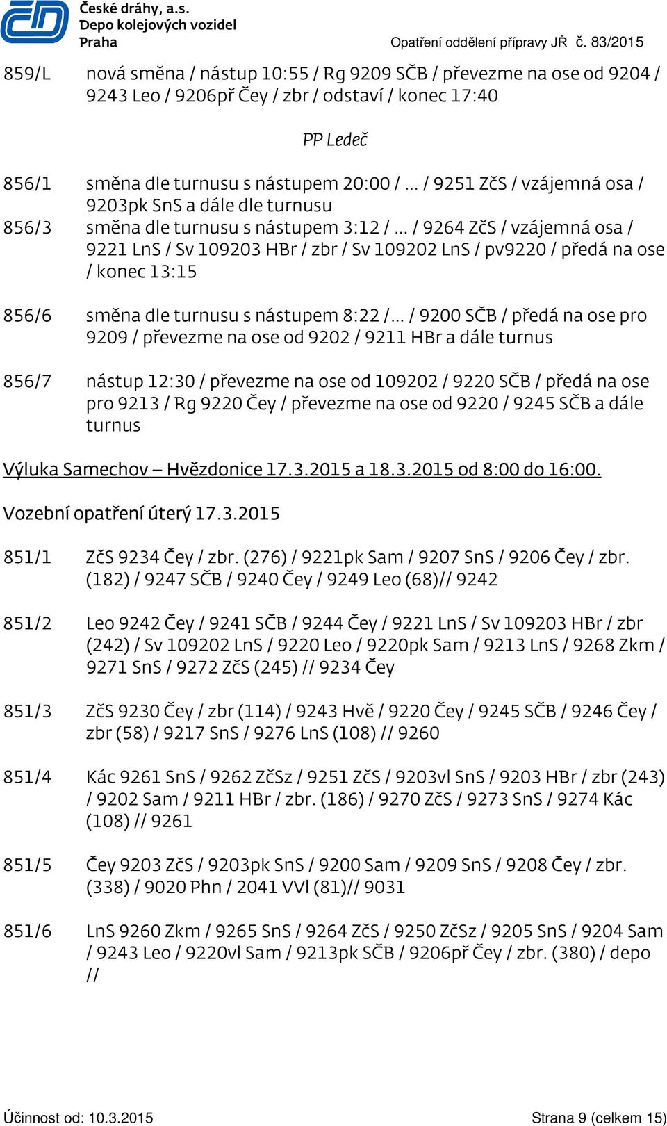 vzájemná osa / 9203pk SnS a dále dle turnusu 856/3 směna dle turnusu s nástupem 3:12 / / 9264 ZčS / vzájemná osa / 9221 LnS / Sv 109203 HBr / zbr / Sv 109202 LnS / pv9220 / předá na ose / konec 13:15