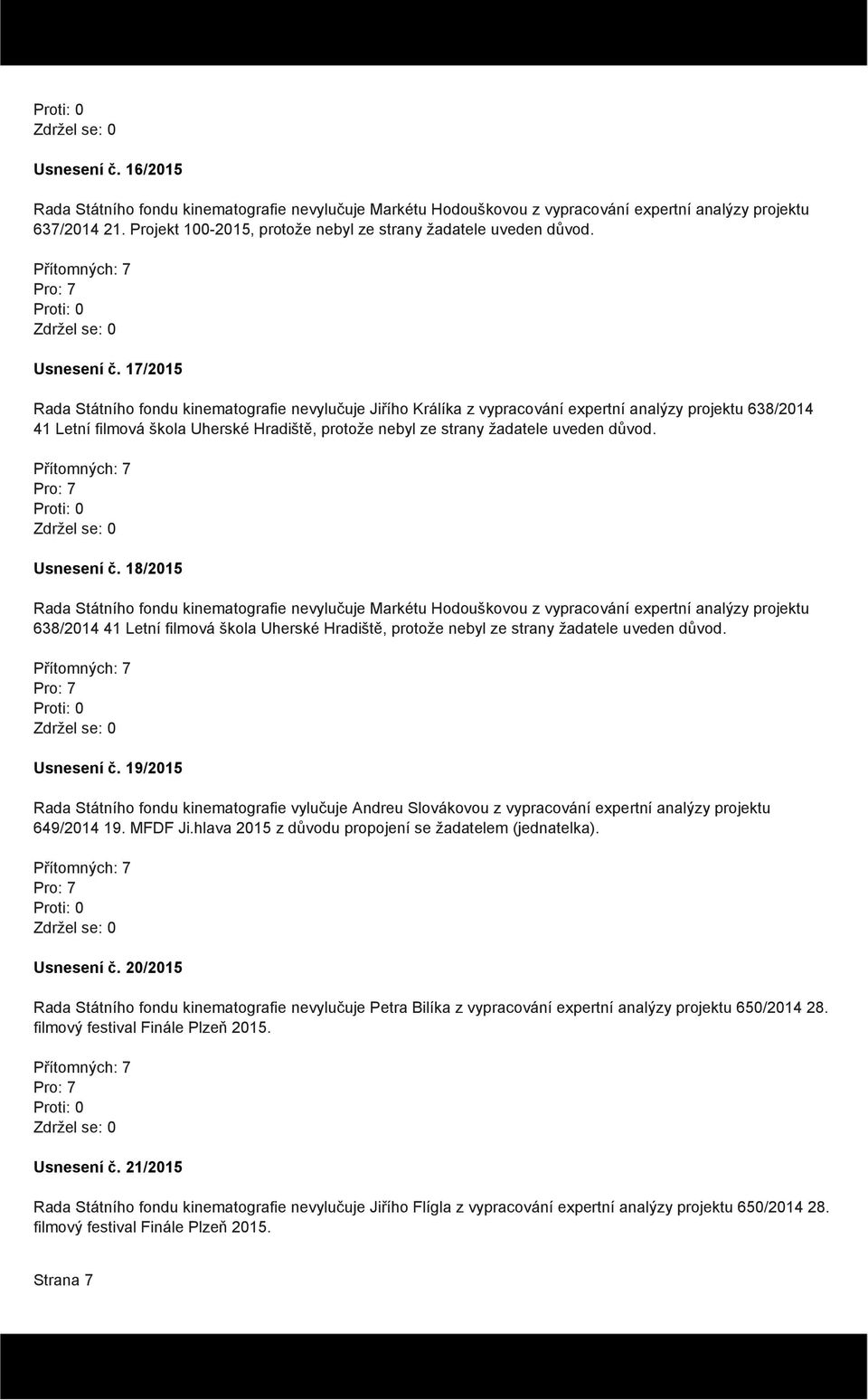 17/2015 Rada Státního fondu kinematografie nevylučuje Jiřího Králíka z vypracování expertní analýzy projektu 638/2014 41 Letní filmová škola Uherské Hradiště, protože nebyl ze strany žadatele uveden