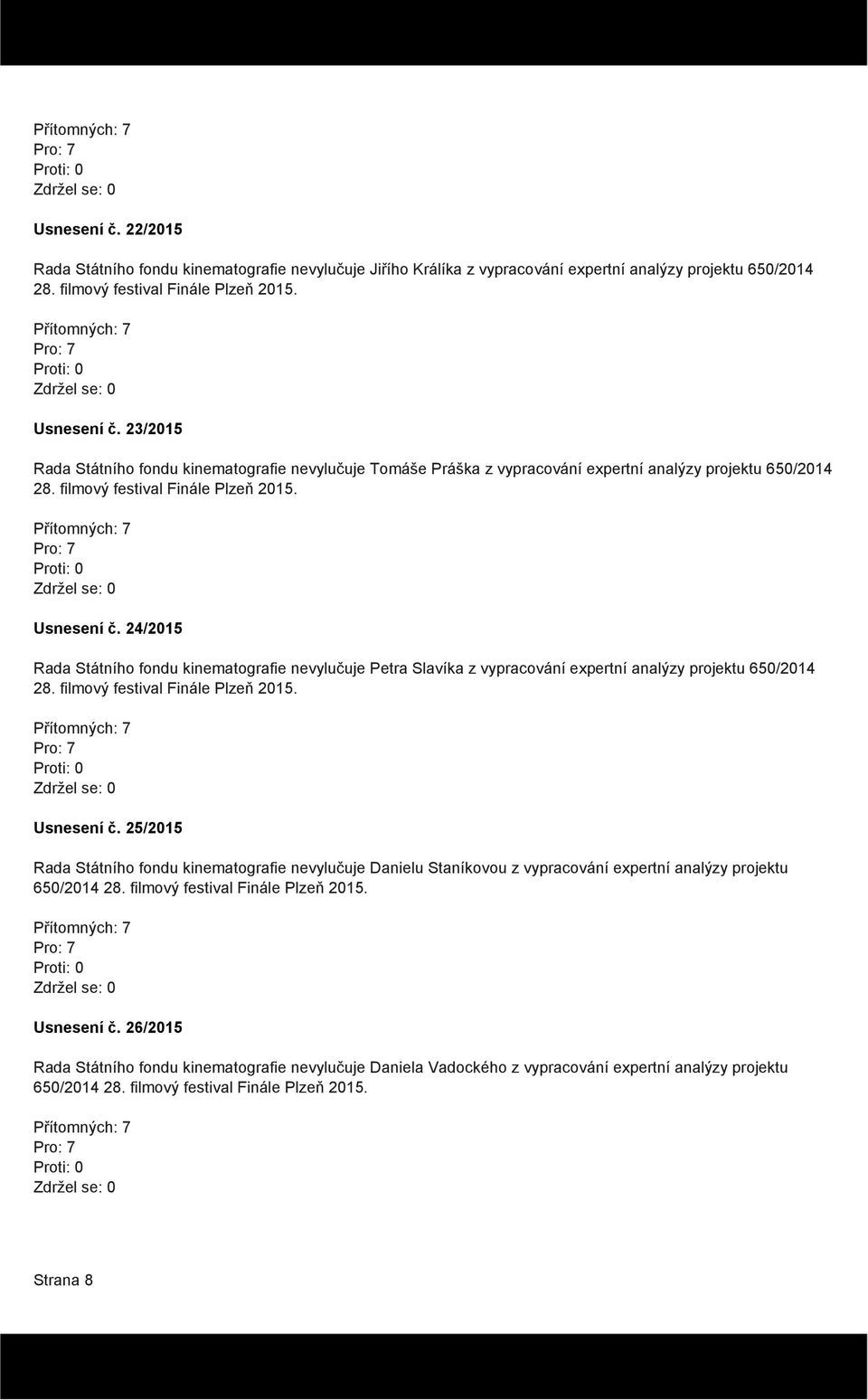 24/2015 Rada Státního fondu kinematografie nevylučuje Petra Slavíka z vypracování expertní analýzy projektu 650/2014 28. filmový festival Finále Plzeň 2015. Usnesení č.