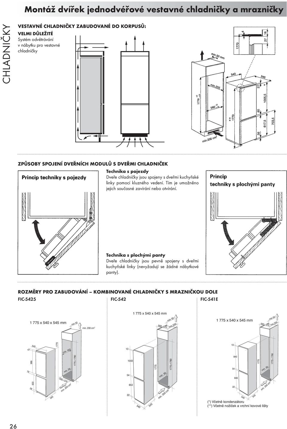 Technika s plochými panty Dveře chladničky jsou pevně spojeny s dveřmi kuchyňské linky (nevyžadují se žádné nábytkové panty).