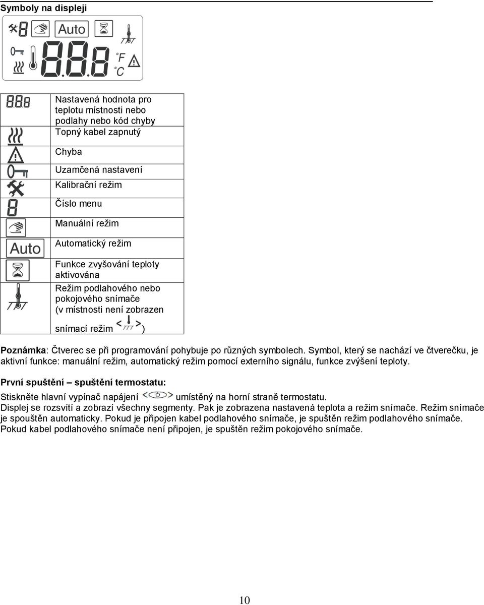 Symbol, který se nachází ve čtverečku, je aktivní funkce: manuální režim, automatický režim pomocí externího signálu, funkce zvýšení teploty.