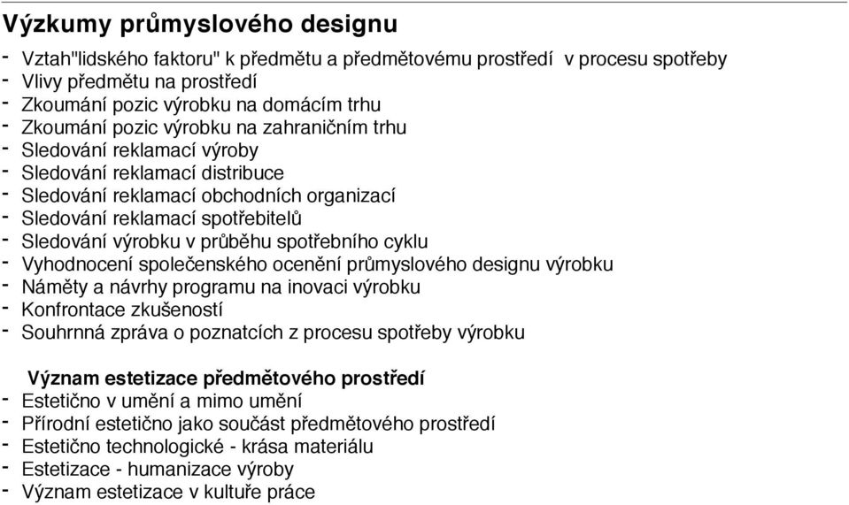 spotřebního cyklu - Vyhodnocení společenského ocenění průmyslového designu výrobku - Náměty a návrhy programu na inovaci výrobku - Konfrontace zkušeností - Souhrnná zpráva o poznatcích z procesu